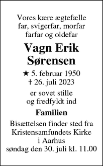 Dødsannoncen for Vagn Erik Sørensen - Skanderborg
