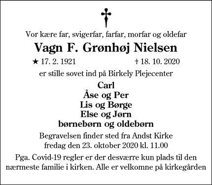 Dødsannoncen for Vagn F. Grønhøj Nielsen - St. Andst, 6600  Vejen