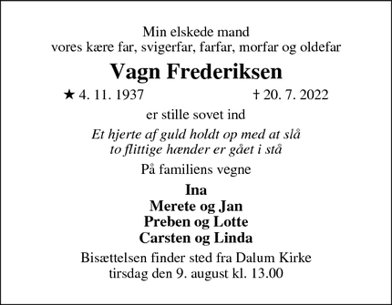 Dødsannoncen for Vagn Frederiksen - Odense s