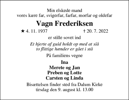 Dødsannoncen for Vagn Frederiksen - Odense s
