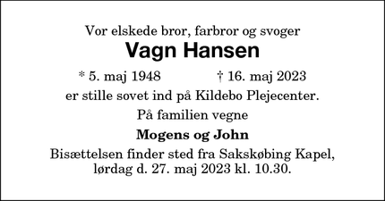 Dødsannoncen for Vagn Hansen - Sakskøbing
