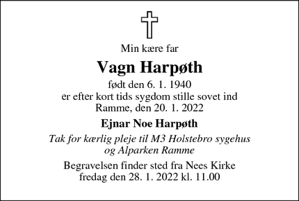 Dødsannoncen for Vagn Harpøth - 7570 Vemb
