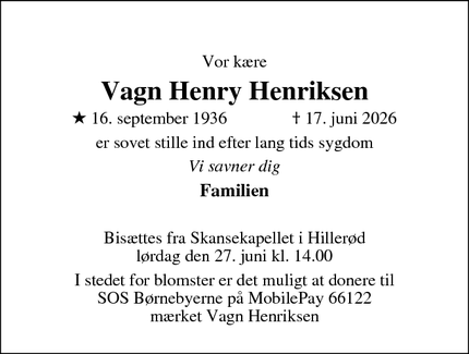 Dødsannoncen for Vagn Henry Henriksen - Hillerød