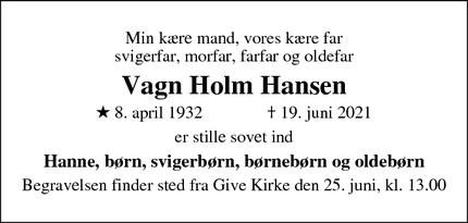 Dødsannoncen for Vagn Holm Hansen - Give
