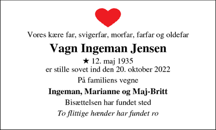 Dødsannoncen for Vagn Ingeman Jensen - Vejleby