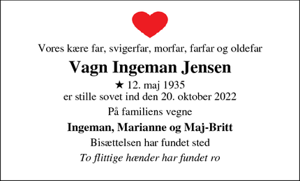 Dødsannoncen for Vagn Ingeman Jensen - Vejleby