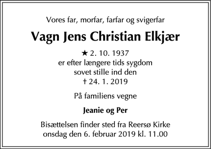 Dødsannoncen for Vagn Jens Christian Elkjær - Kalundborg