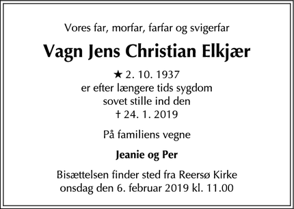 Dødsannoncen for Vagn Jens Christian Elkjær - Kalundborg