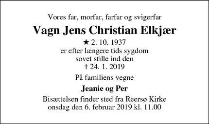 Dødsannoncen for Vagn Jens Christian Elkjær - Kalundborg