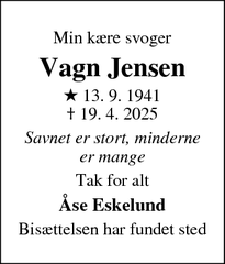 Dødsannoncen for Vagn Jensen - Kolding