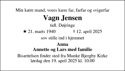 Dødsannoncen for Vagn Jensen - 4180