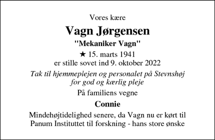Dødsannoncen for Vagn Jørgensen - Strøby Egede