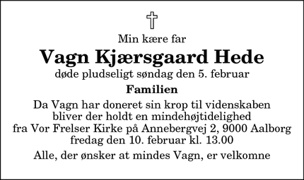 Dødsannoncen for Vagn Kjærsgaard Hede - Aalborg