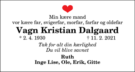 Dødsannoncen for Vagn Kristian Dalgaard - Thisted