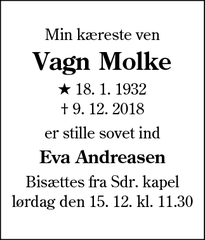 Dødsannoncen for Vagn Molke - Kolding
