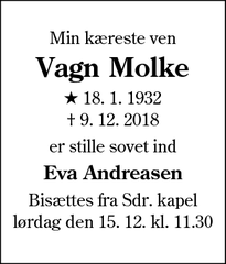 Dødsannoncen for Vagn Molke - Kolding