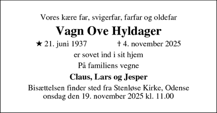 Dødsannoncen for Vagn Ove Hyldager - Odense