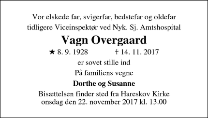 Dødsannoncen for Vagn Overgaard - Farum