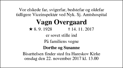 Dødsannoncen for Vagn Overgaard - Farum