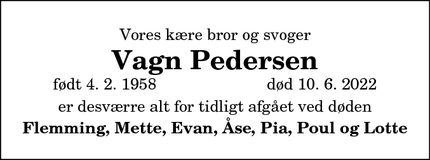 Dødsannoncen for Vagn Pedersen - Hobro