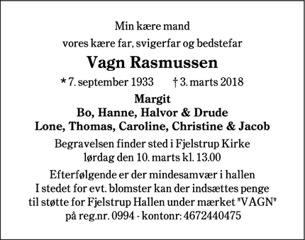 Dødsannoncen for Vagn Rasmussen - Fjelstrup