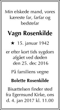 Dødsannoncen for Vagn Rosenkilde - Egernsund