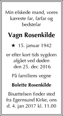 Dødsannoncen for Vagn Rosenkilde - Egernsund