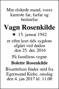 Dødsannoncen for Vagn Rosenkilde - Egernsund