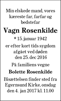 Dødsannoncen for Vagn Rosenkilde - Egernsund