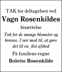 Taksigelsen for Vagn Rosenkildes - Egernsund, Danmark