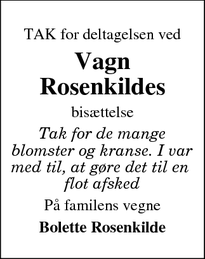 Taksigelsen for Vagn Rosenkildes - Egernsund, Danmark