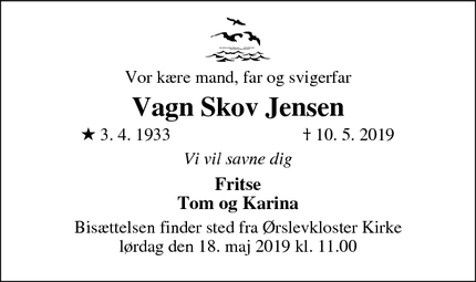 Dødsannoncen for Vagn Skov Jensen - Højslev