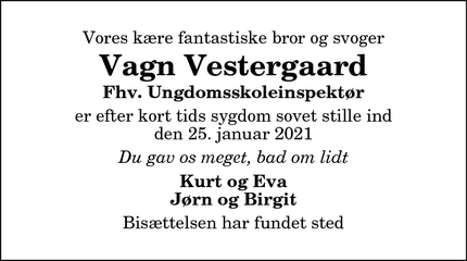 Dødsannoncen for Vagn Vestergaard - 9610 Nørager