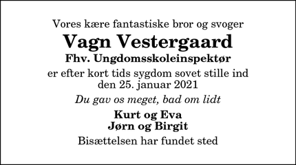 Dødsannoncen for Vagn Vestergaard - 9610 Nørager