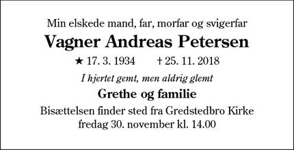 Dødsannoncen for Vagner Andreas Petersen - Gredstedbro
