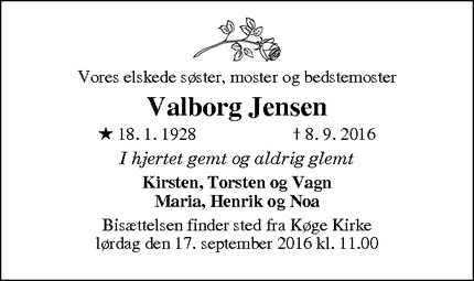 Dødsannoncen for Valborg Jensen - Køge