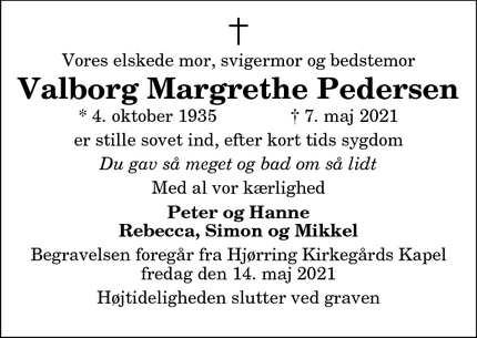 Dødsannoncen for Valborg Margrethe Pedersen - Hjørring