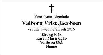 Dødsannoncen for Valborg Vrist Jacobsen - Lemvig
