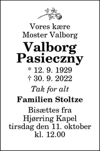 Dødsannoncen for Valborg
Pasieczny - Sindal