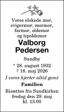Dødsannoncen for Valborg
Pedersen - 4800 Sundby