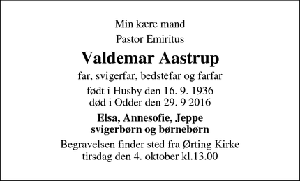 Dødsannoncen for Valdemar Aastrup - Odder