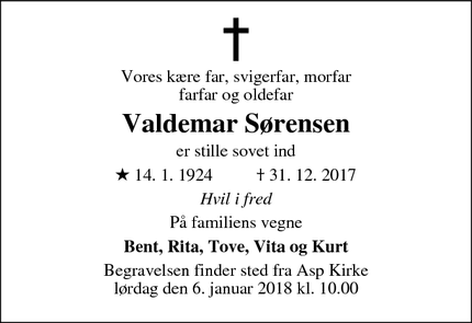 Dødsannoncen for Valdemar Sørensen - Holstebro