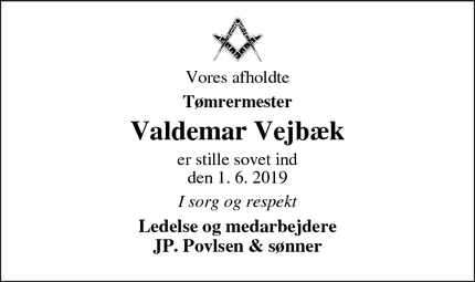 Dødsannoncen for Valdemar Vejbæk - Holstebro