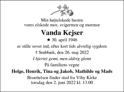 Dødsannoncen for Vanda Kejser - Aabenraa