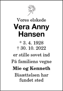 Dødsannoncen for Vera Anny
Hansen - Dänemark