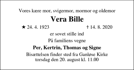 Dødsannoncen for Vera Bille - Hillerød