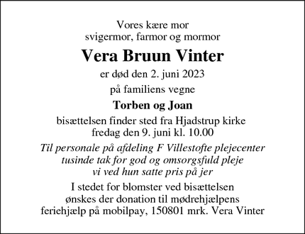 Dødsannoncen for Vera Bruun Vinter - Odense