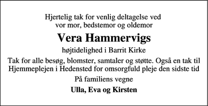 Dødsannoncen for Vera Hammervigs - Barrit