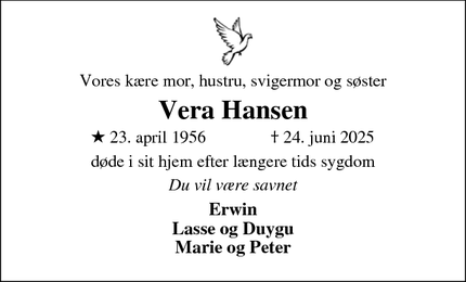 Dødsannoncen for Vera Hansen - Lynæs