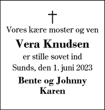 Dødsannoncen for Vera Knudsen - Sunds
